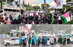 Diguyur Hujan Lebat, Ribuan Umat Islam Bogor Tetap Tunjukkan Solidaritas untuk Palestina di Tugu Kujang